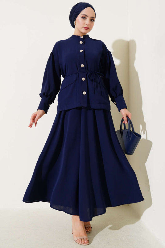 Balloon Sleeve Tie Waist Two-Piece Set Navy Blue