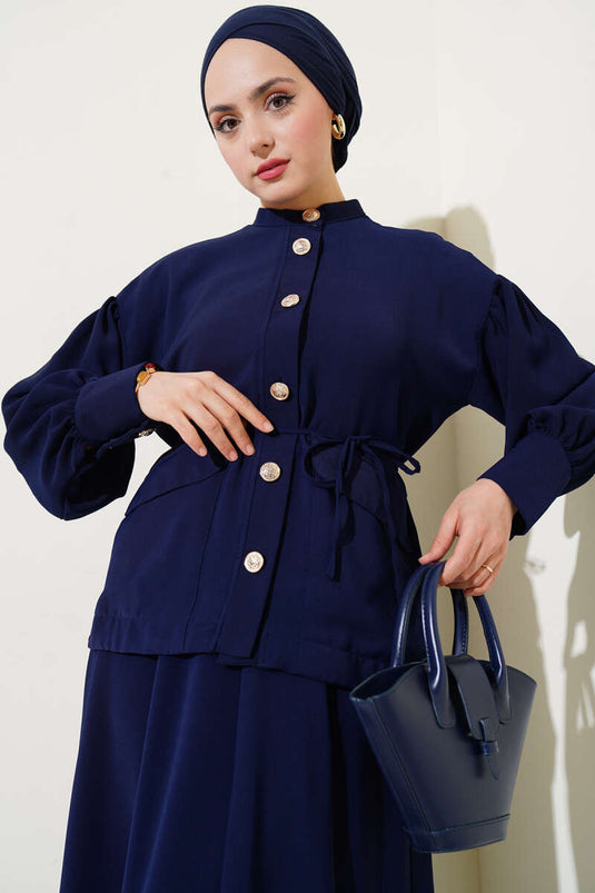 Balloon Sleeve Tie Waist Two-Piece Set Navy Blue