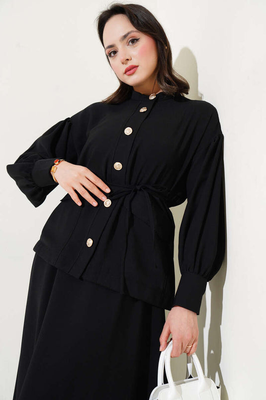 Balloon Sleeve Tie Waist Two-Piece Set Black