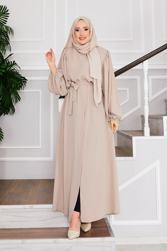 Balloon Sleeve Belted Hijab Dress Beige