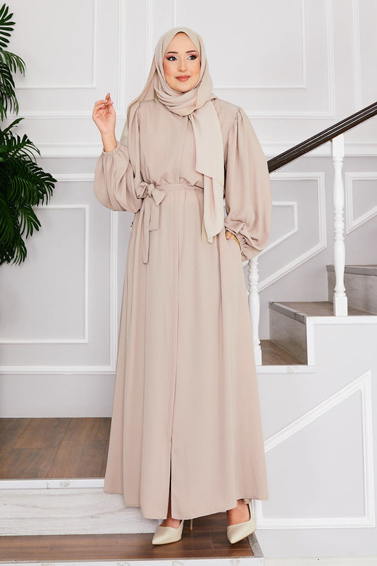 Balloon Sleeve Belted Hijab Dress Beige