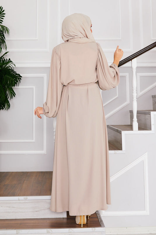 Balloon Sleeve Belted Hijab Dress Beige