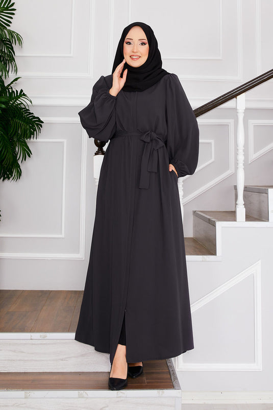 Balloon Sleeve Belted Modest Overcoat Gray