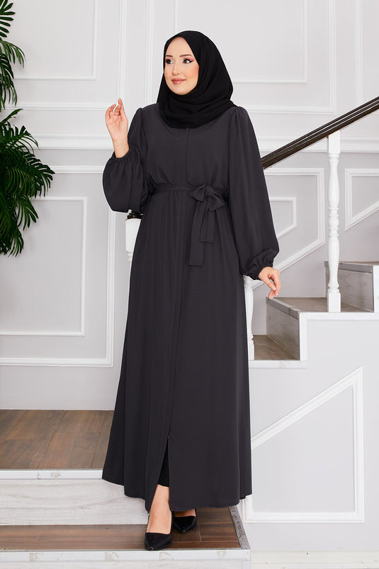 Abaya Hijab à manches ballon avec ceinture à la taille Gris