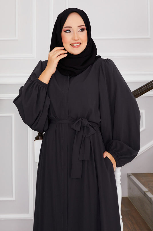 Hijab Abaya mit Ballonärmeln und Taillengürtel in Grau