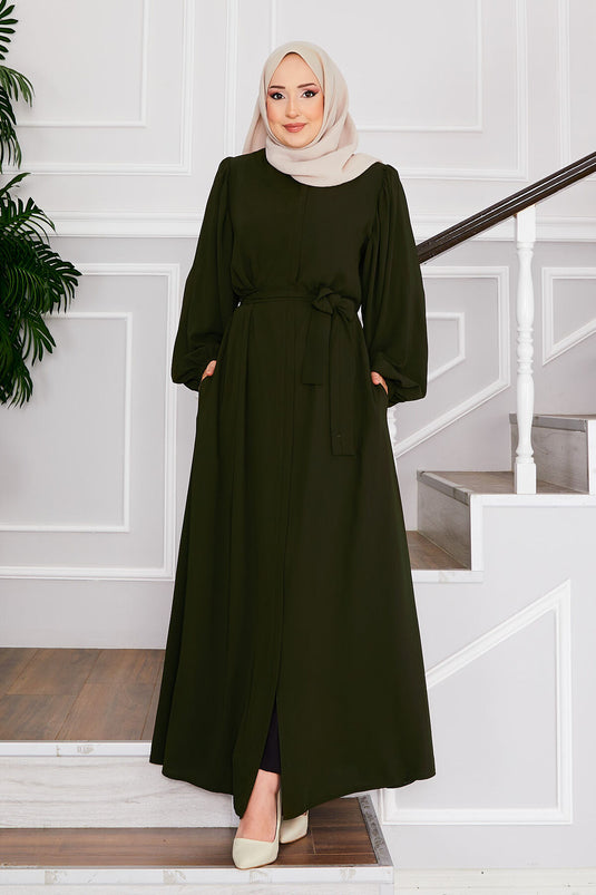 Hijab Abaya mit Ballonärmeln und Taillengürtel in Khaki