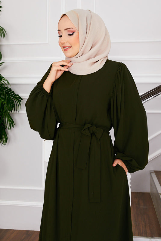 Hijab Abaya mit Ballonärmeln und Taillengürtel in Khaki