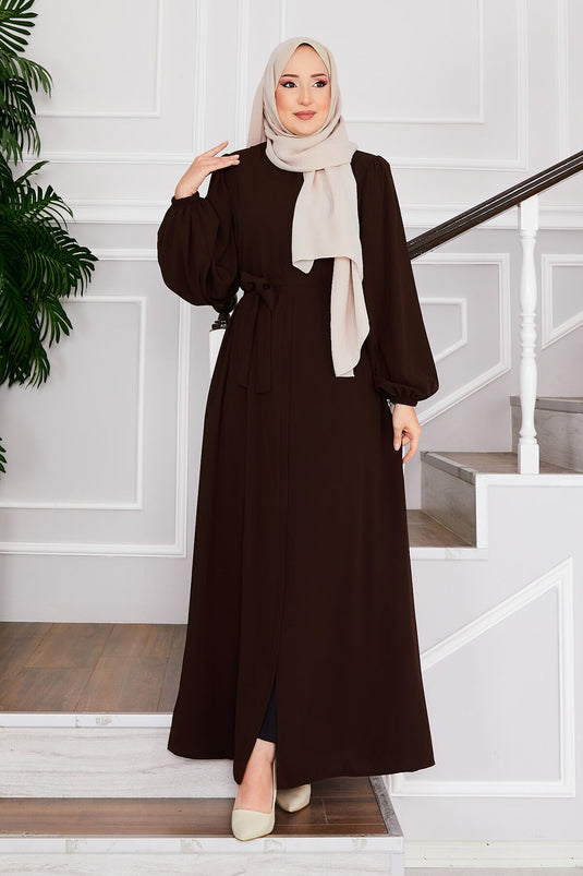 Balloon Sleeve Belted Modest Overcoat Brown