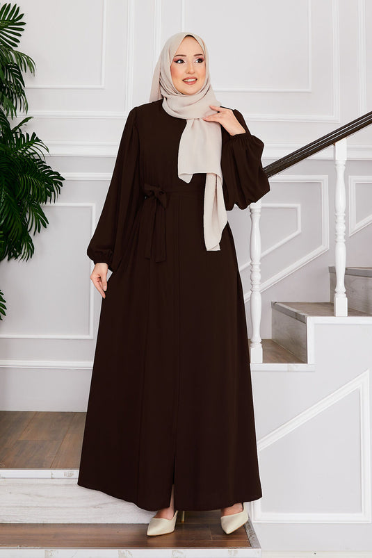 Balloon Sleeve Belted Modest Overcoat Brown