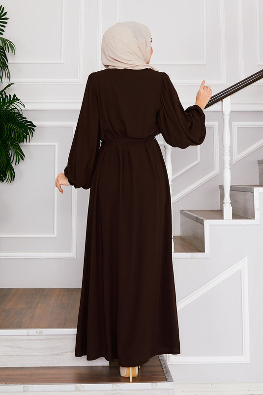 Balloon Sleeve Belted Modest Overcoat Brown