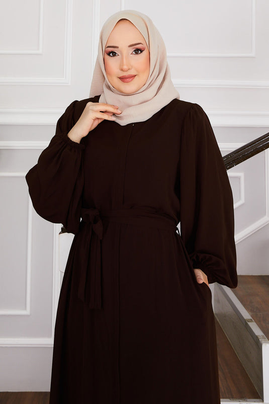 Balloon Sleeve Belted Modest Overcoat Brown