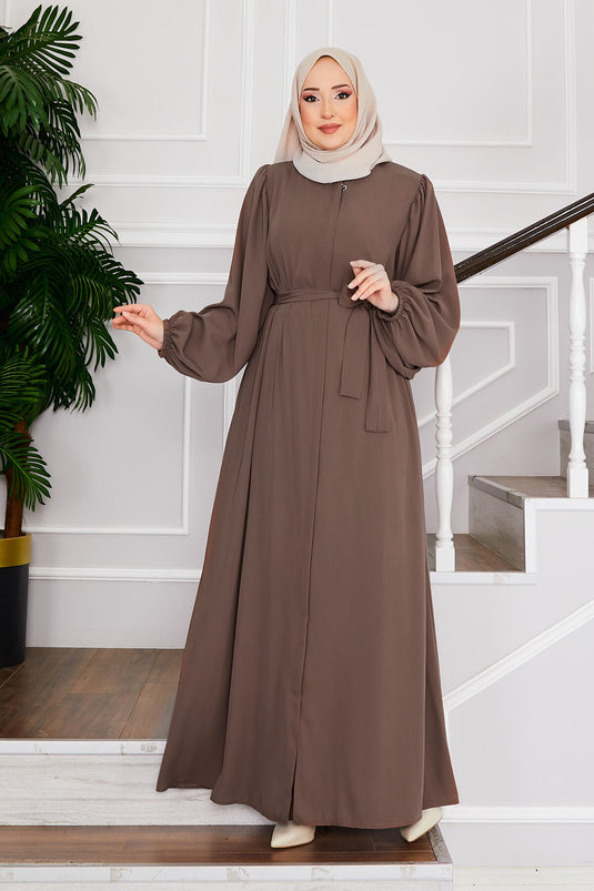 Balloon Sleeve Belted Modest Overcoat Dark Beige