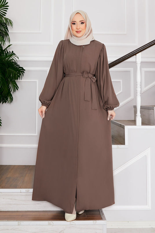 Balloon Sleeve Belted Modest Overcoat Dark Beige