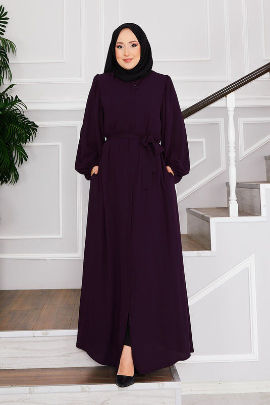 Abaya Hijab à manches ballon avec ceinture à la taille Violet