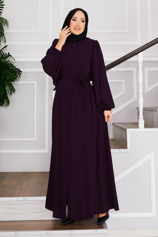 Balloon Sleeve Belted Modest Abaya Purple