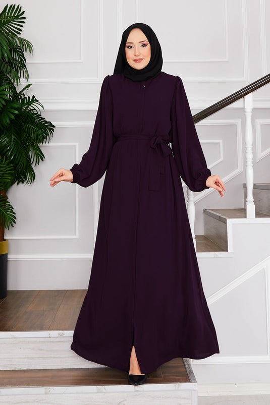 Abaya Hijab à manches ballon avec ceinture à la taille Violet