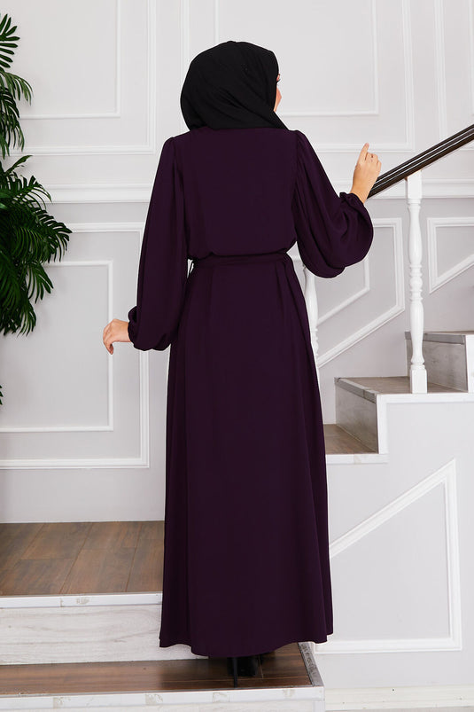 Abaya Hijab à manches ballon avec ceinture à la taille Violet