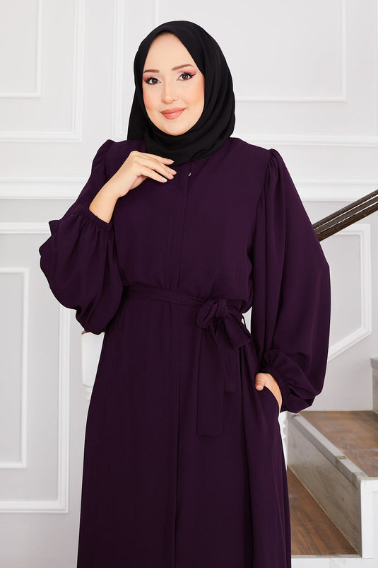 Balloon Sleeve Belted Modest Abaya Purple