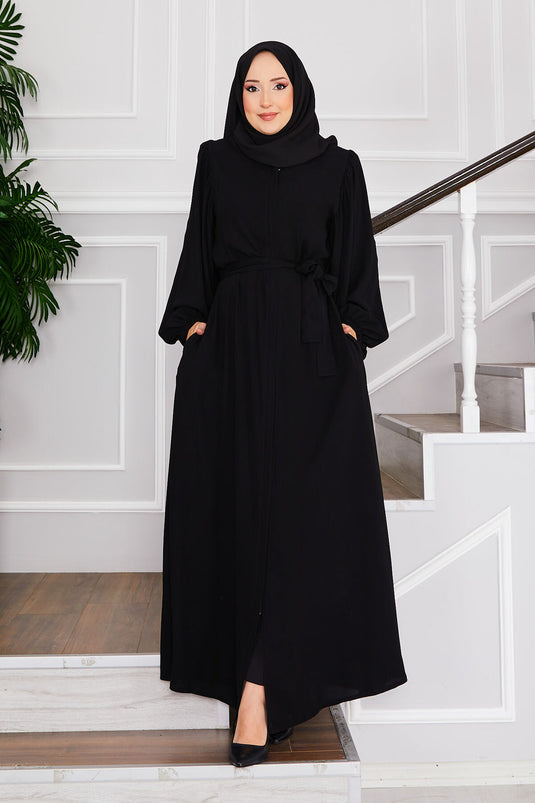 Balloon Sleeve Belted Modest Dress Black