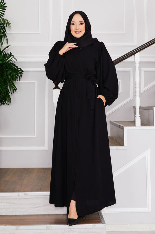 Hijab Abaya con cintura in vita e maniche a palloncino, nero