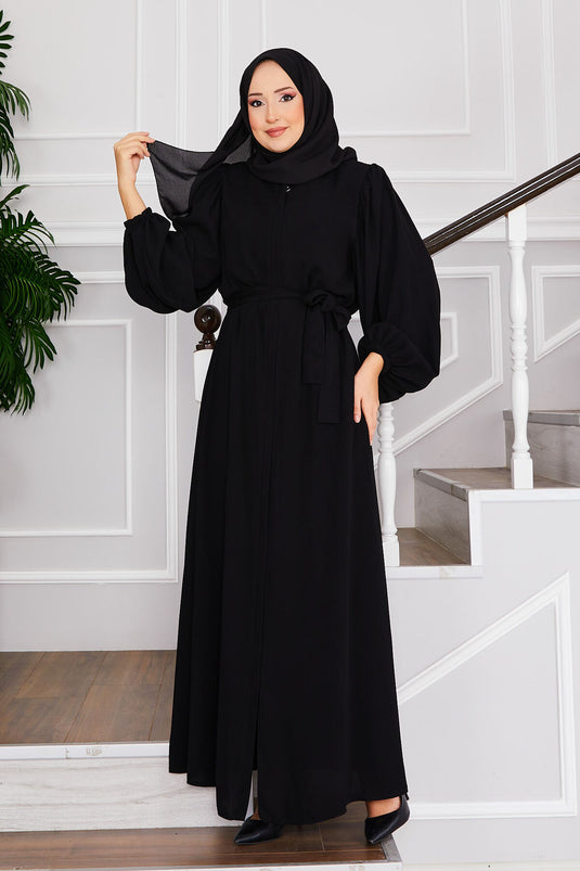 Abaya Hijab à manches ballon avec ceinture à la taille Noir