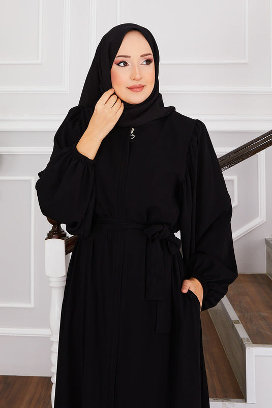 Abaya Hijab à manches ballon avec ceinture à la taille Noir