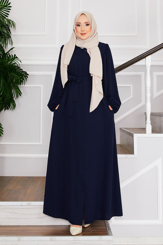 Balloon Sleeve Belted Modest Overcoat Navy Blue