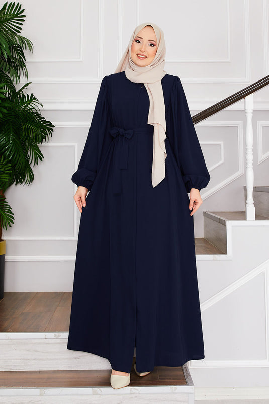 Balloon Sleeve Belted Modest Overcoat Navy Blue