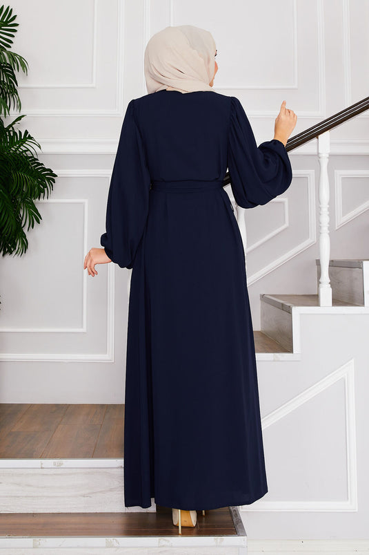 Balloon Sleeve Belted Modest Overcoat Navy Blue