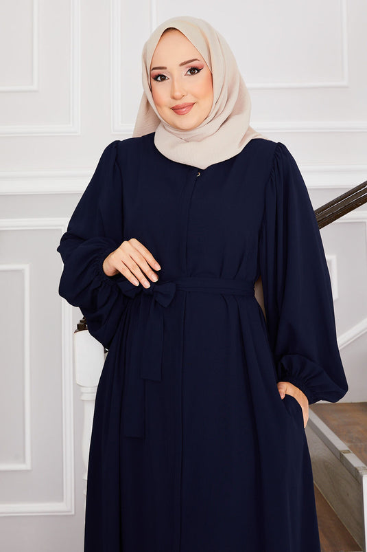 Balloon Sleeve Belted Modest Overcoat Navy Blue