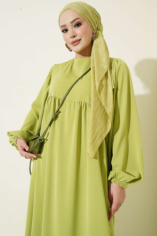 Ballonärmel Kleid Mit Elastischer Taille In Olivgrün