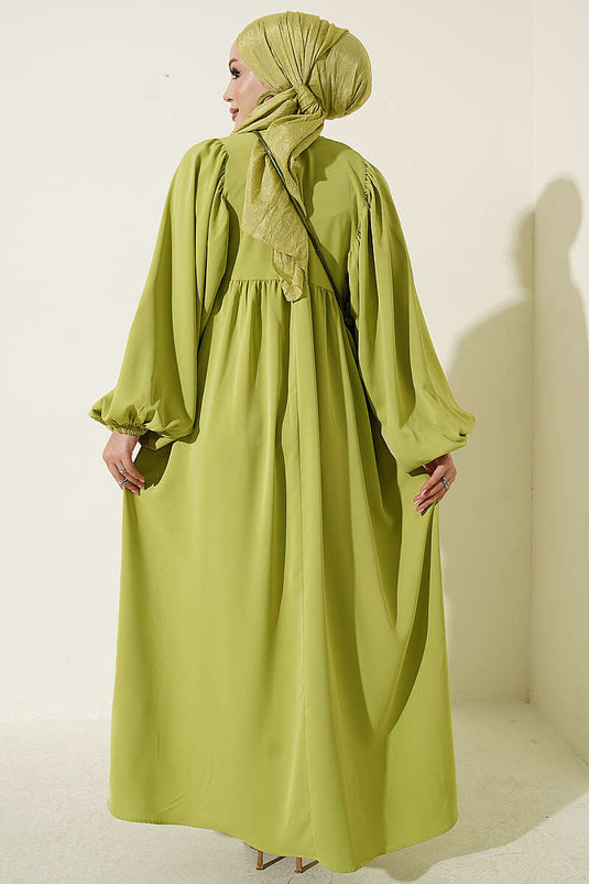 Ballonärmel Kleid Mit Elastischer Taille In Olivgrün
