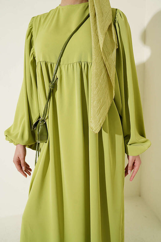 Ballonärmel Kleid Mit Elastischer Taille In Olivgrün
