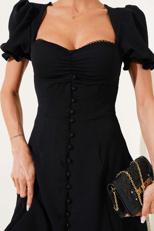 Balloon Sleeve Button-Down Mini Dress Black