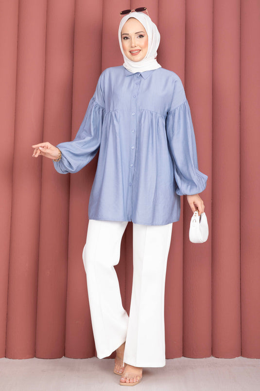 Balloon Sleeve Gathered Tunic Baby Blue