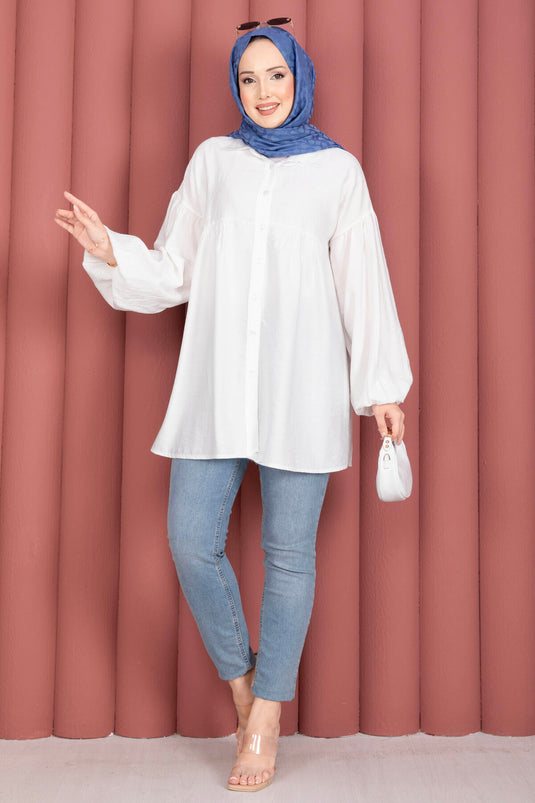 White Balloon Sleeve Gathered Tunic