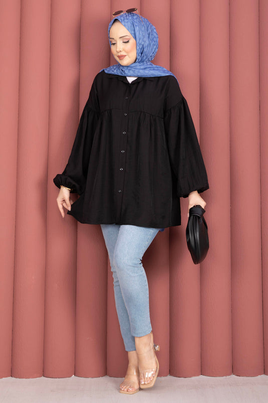 Black Balloon Sleeve Gathered Tunic
