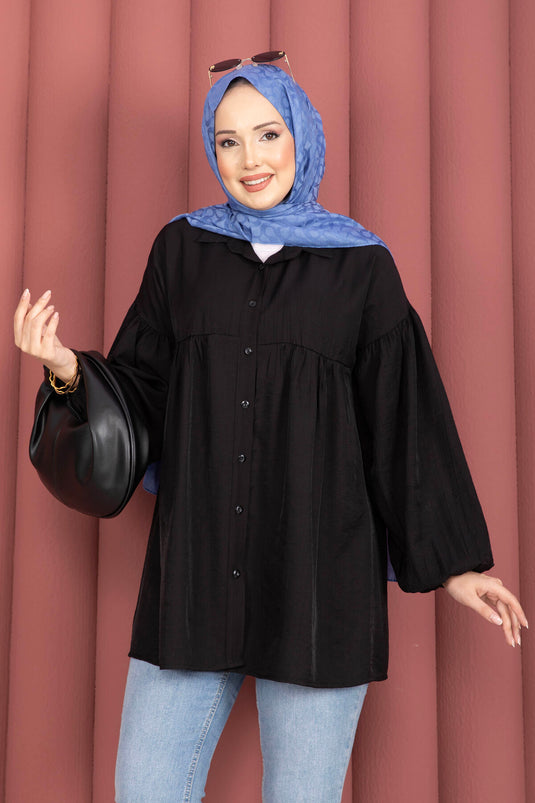 Black Balloon Sleeve Gathered Tunic