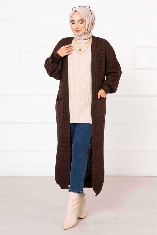 Balloon Sleeve Pocket Detailed Cardigan Brown