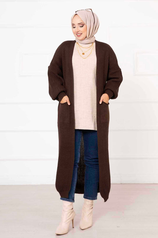 Balloon Sleeve Pocket Detailed Cardigan Brown