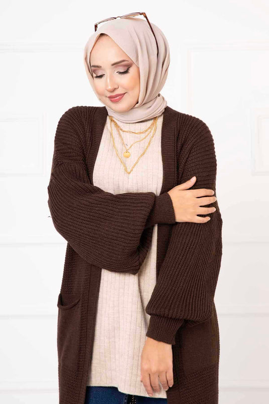 Balloon Sleeve Pocket Detailed Cardigan Brown