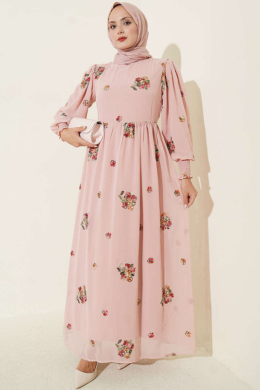 Blumengemusterte Kleid Mit Puffärmeln In Pudraroze