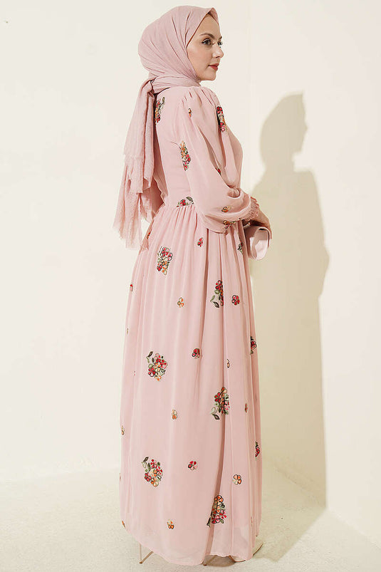 Blumengemusterte Kleid Mit Puffärmeln In Pudraroze