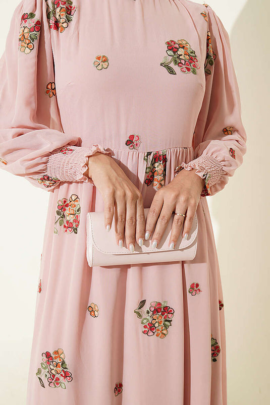 Blumengemusterte Kleid Mit Puffärmeln In Pudraroze