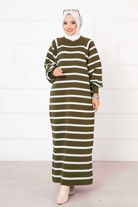 Balloon Sleeve Striped Knit Dress Khaki