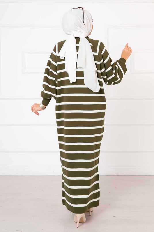 Balloon Sleeve Striped Knit Dress Khaki