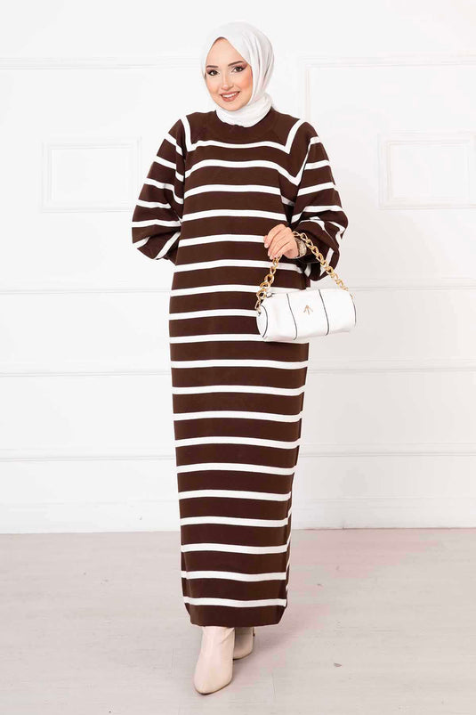 Balloon Sleeve Striped Knit Dress Brown