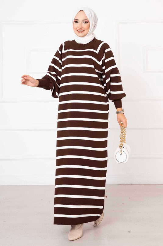 Balloon Sleeve Striped Knit Dress Brown