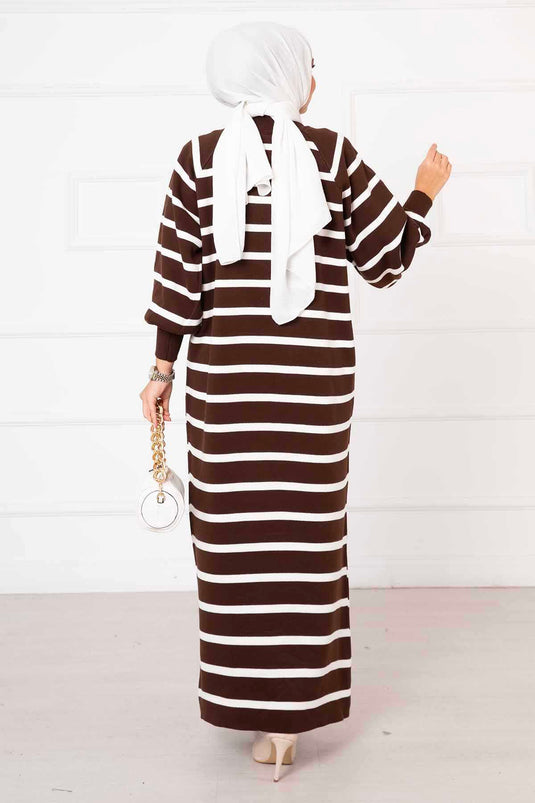 Balloon Sleeve Striped Knit Dress Brown