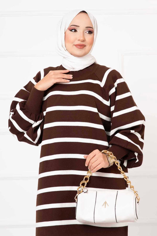 Balloon Sleeve Striped Knit Dress Brown